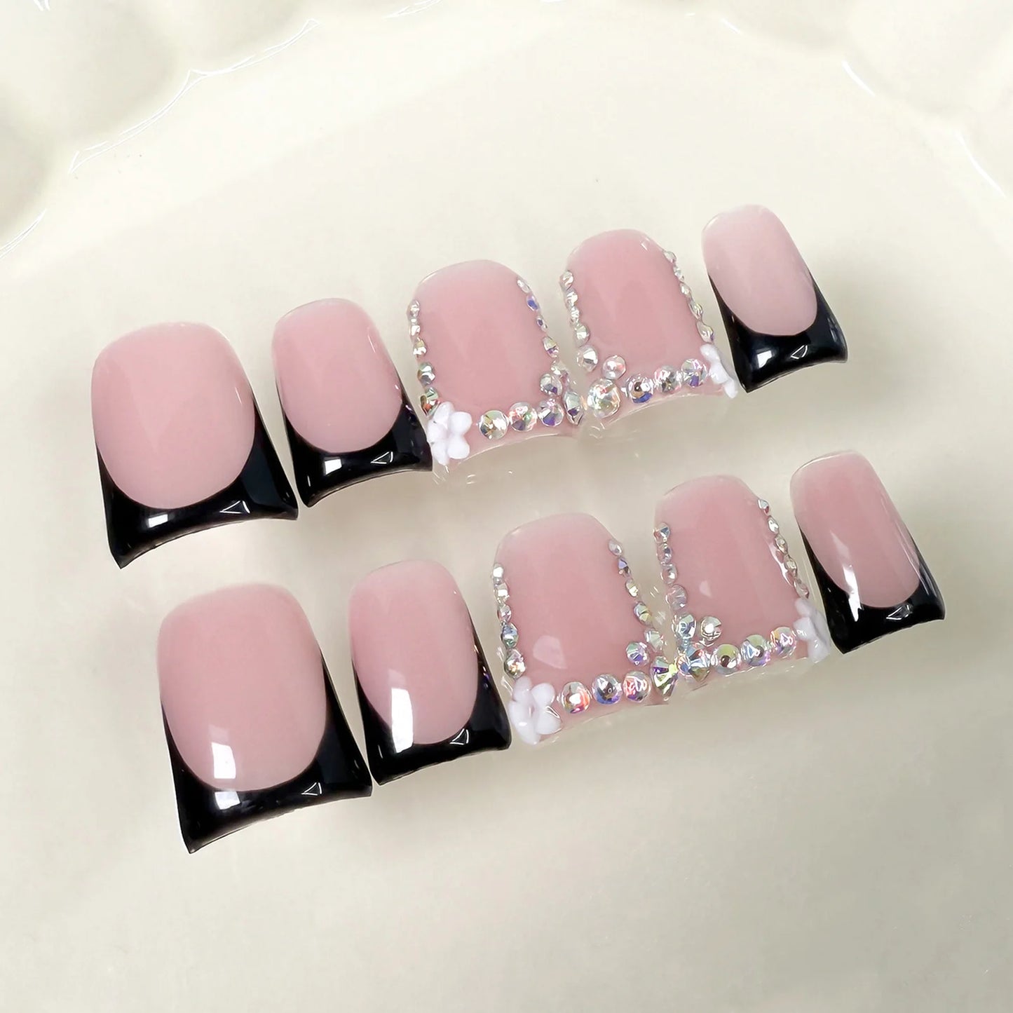 10pcs Handmade Fake Nails Duckbill Shaped Press On Nails Colorful Leopard-print French False Nails With 3D Carved Flower Designs