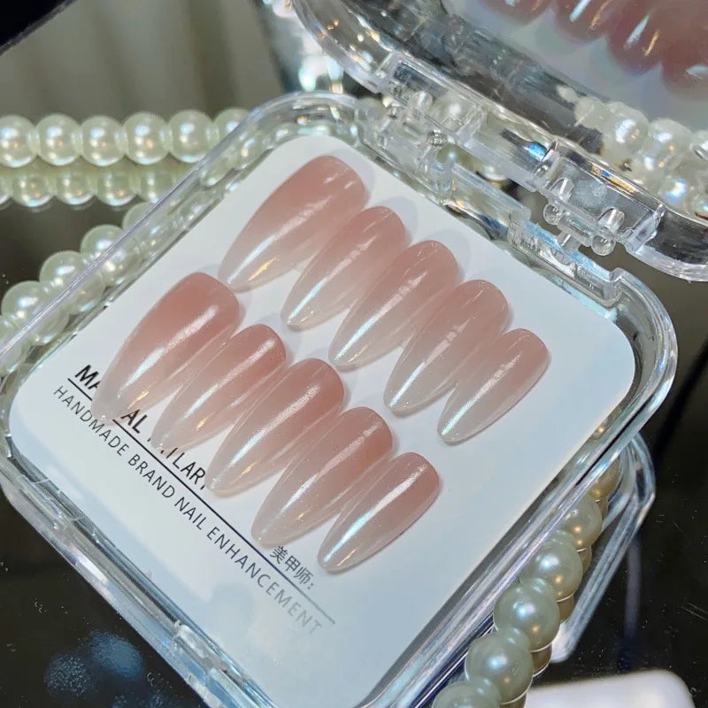 10pcs Blush Pink Almond Handmade Press On Nails Gradient Solid Color Fake Nails With Glue Full Cover Acrylic Press on Nails Tip