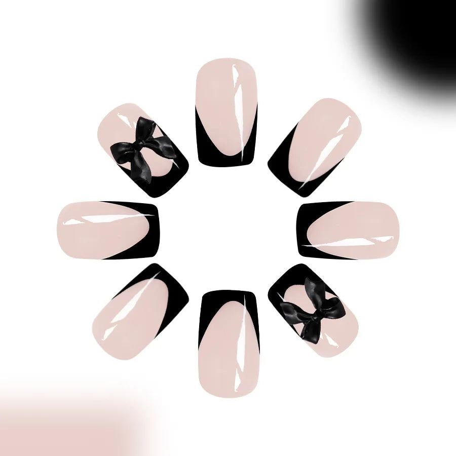 24pcs Press on Nails Short Almond Bowknot Black Press on Nails