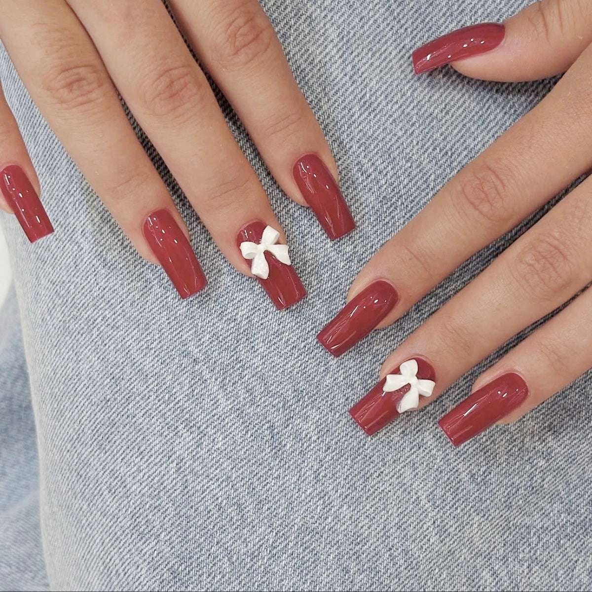 White French Press on Nails 3D Bowknot Fake Nails