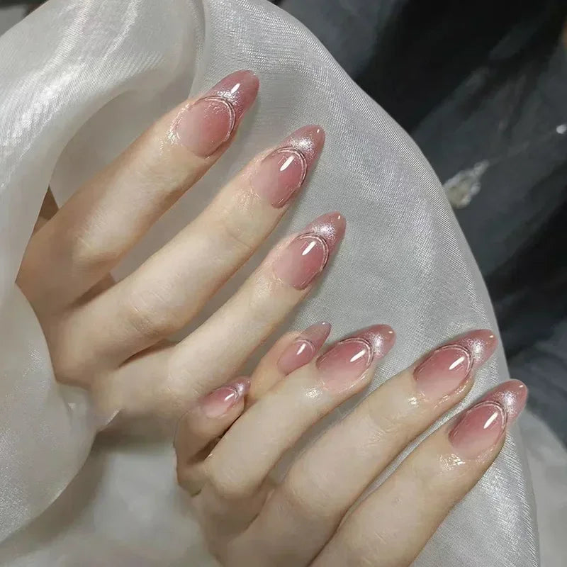24Pcs Almond Fake Nails with Shimmery Powder