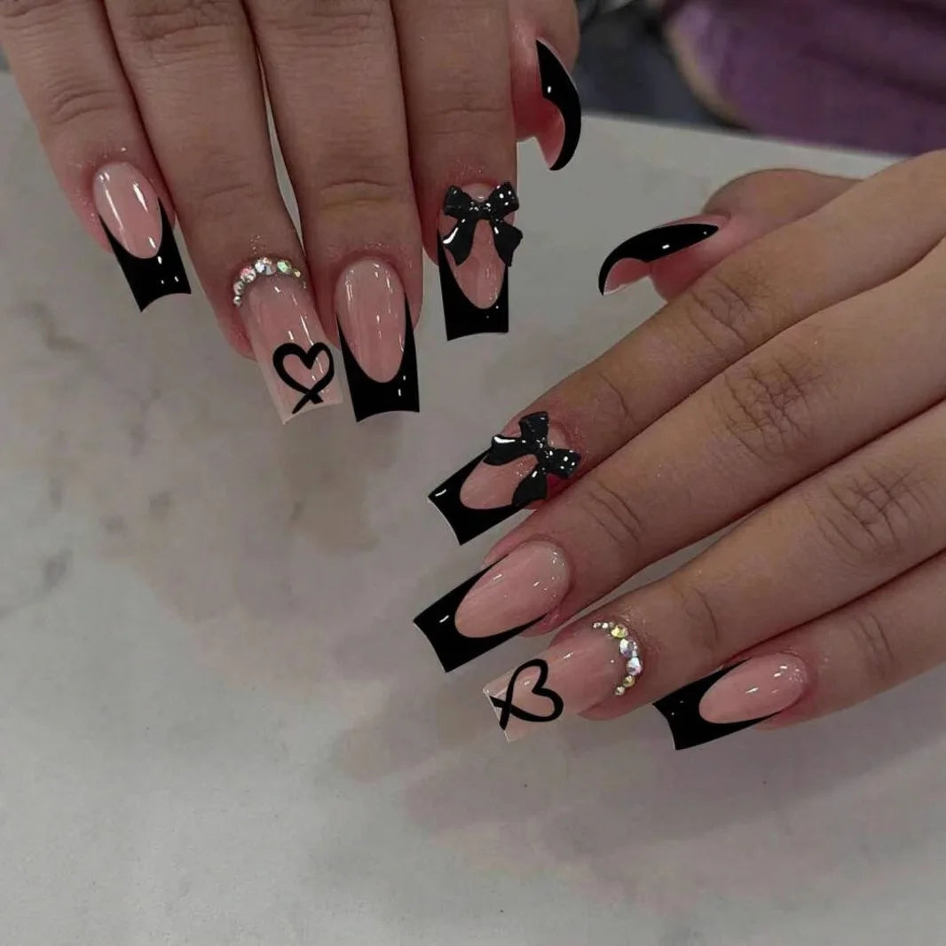 White French Press on Nails 3D Bowknot Fake Nails