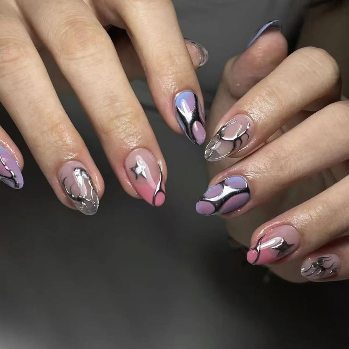 24Pcs Dark Press on Fake Nails with Black Glitter