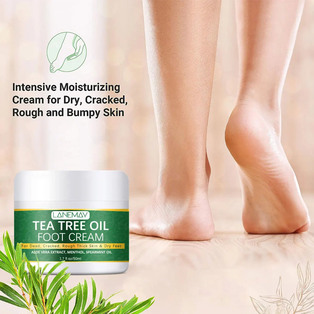 Foot moisturizer with aloe vera and tea tree oil to deeply nourish the skin
