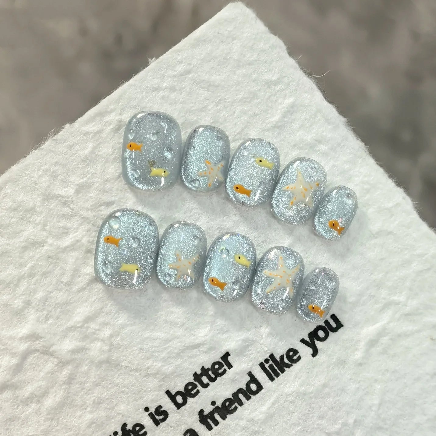 Handmade Press-On Nails Blue Glossy Fish & Bubbles Design