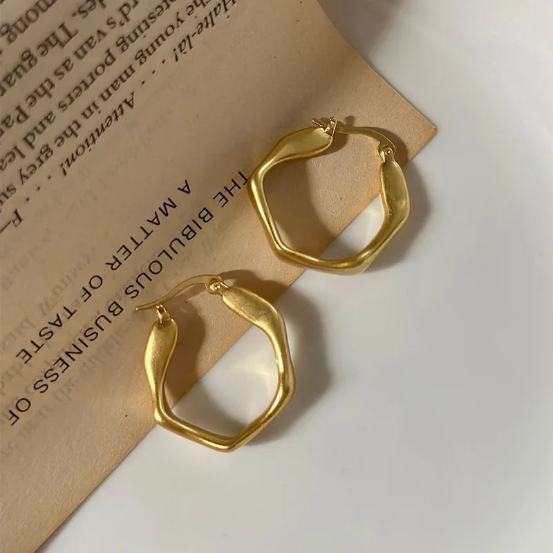 Simple Golden Metal Style Matte Hexagon Earrings