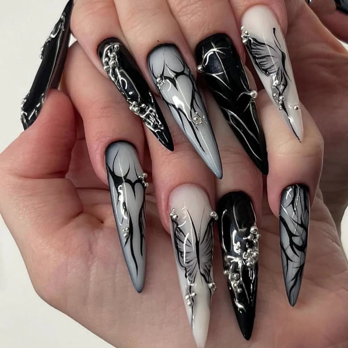 24Pcs Dark Press on Fake Nails with Black Glitter