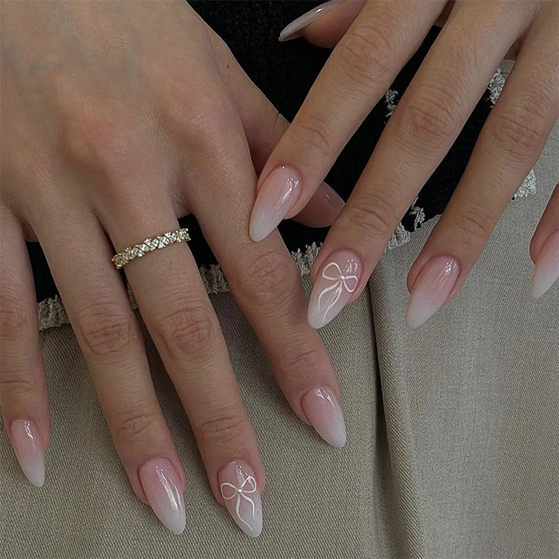White French Press on Nails 3D Bowknot Fake Nails