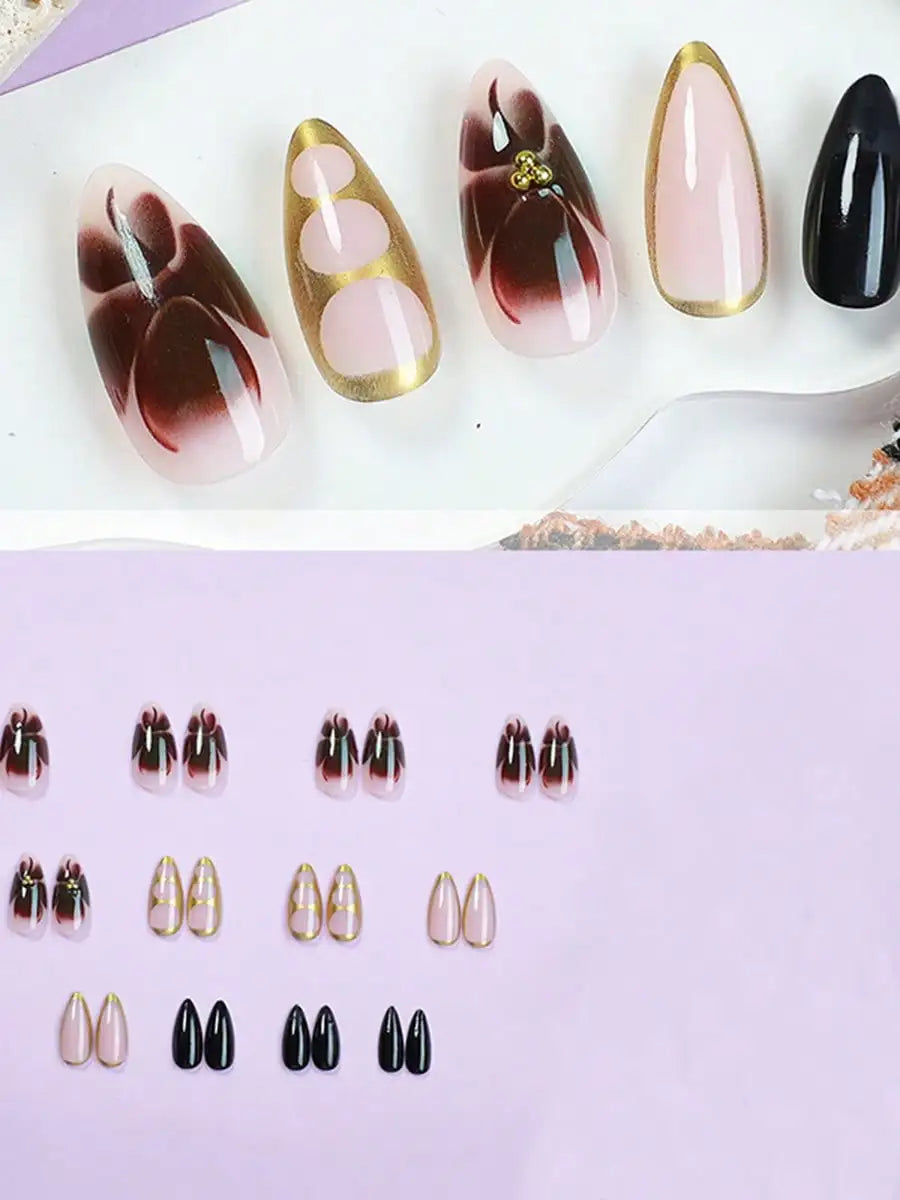 24pcs Medium Almond Press On Nails Brown And Golden Fake Nails Full Cover False Nails For Women And Girls