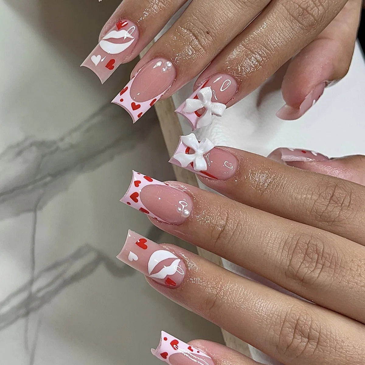 24Pcs Pink French Style Fake Nails 3D Bowknot
