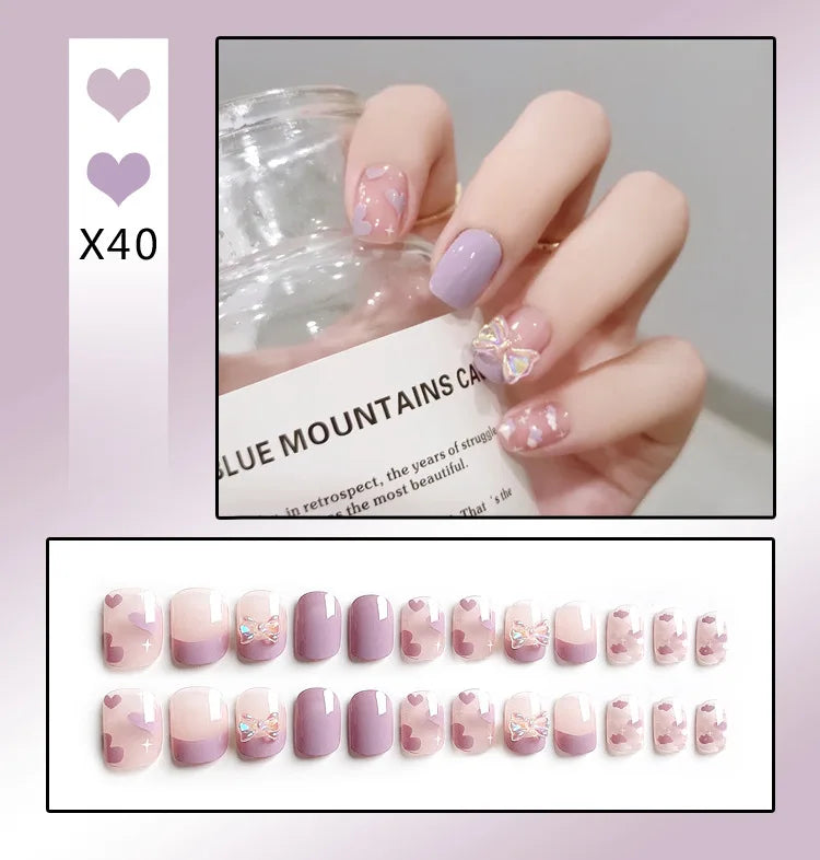 24Pcs French With Drill Short Fake Nails Press On Nail Tips