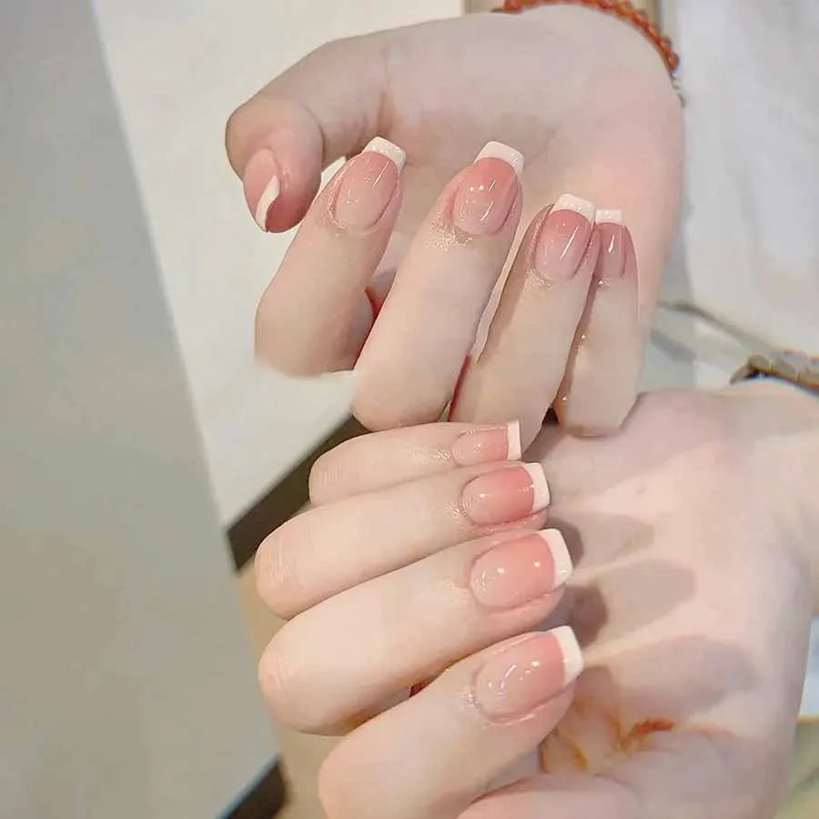 10pcs French White Fake Nails Light Pink Press on NailsFull Cover Short Square Ins Simple False Nails for Women and Girls Wear