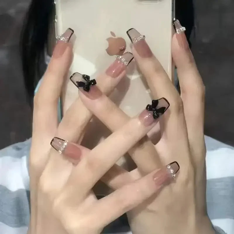 Pink Fake Nails Press on Nail Designs Art Long Tips False Forms with Glue Stick Stickers Reusable Set Acrylic Artificial