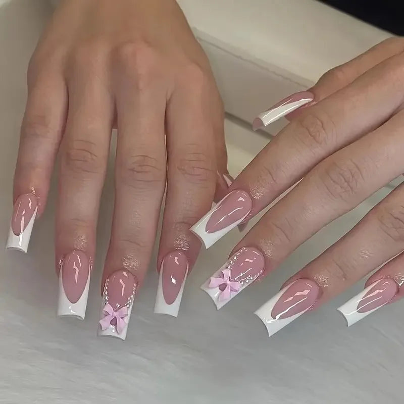24Pcs Pink French Style Fake Nails 3D Bowknot