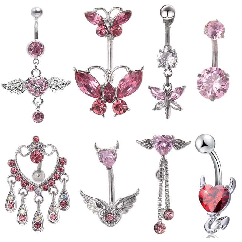Steel Belly Button Rings Pink Crystal Piercing