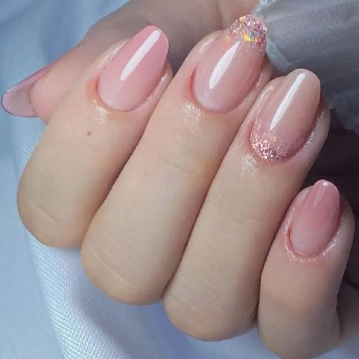 24Pcs Almond Fake Nails with Shimmery Powder