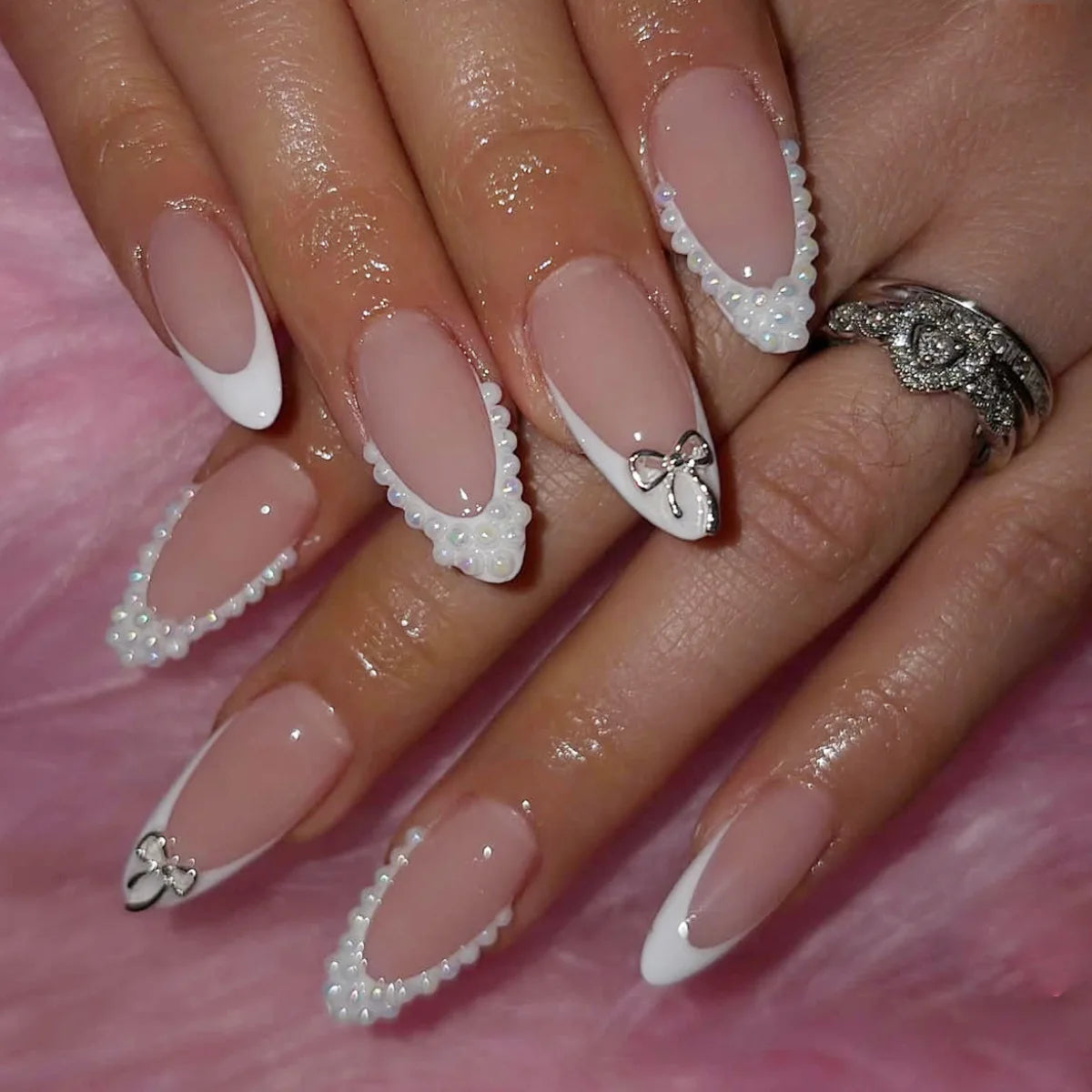 White French Press on Nails 3D Bowknot Fake Nails
