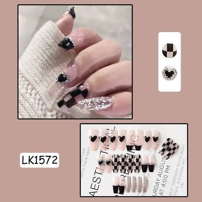 Pink Fake Nails Press on Nail Designs Art Long Tips False Forms with Glue Stick Stickers Reusable Set Acrylic Artificial