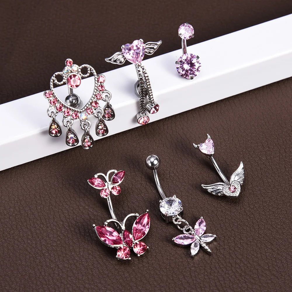 Steel Belly Button Rings Pink Crystal Piercing