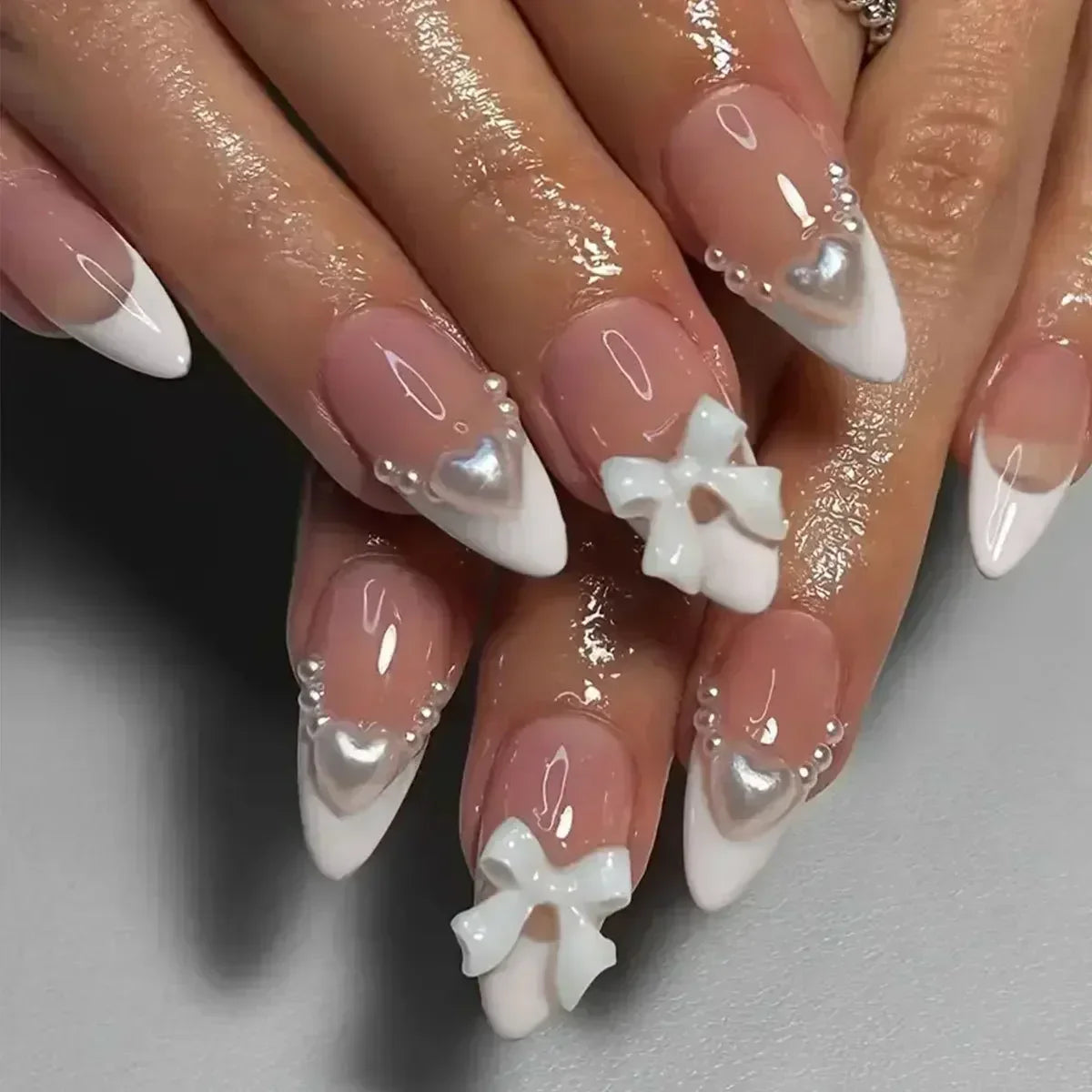 24pcs Press on Nails Short Almond Bowknot Black Press on Nails