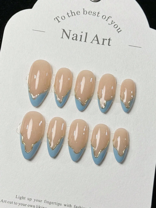 10 Pieces of Handmade Fake Nails with Blue French Tips