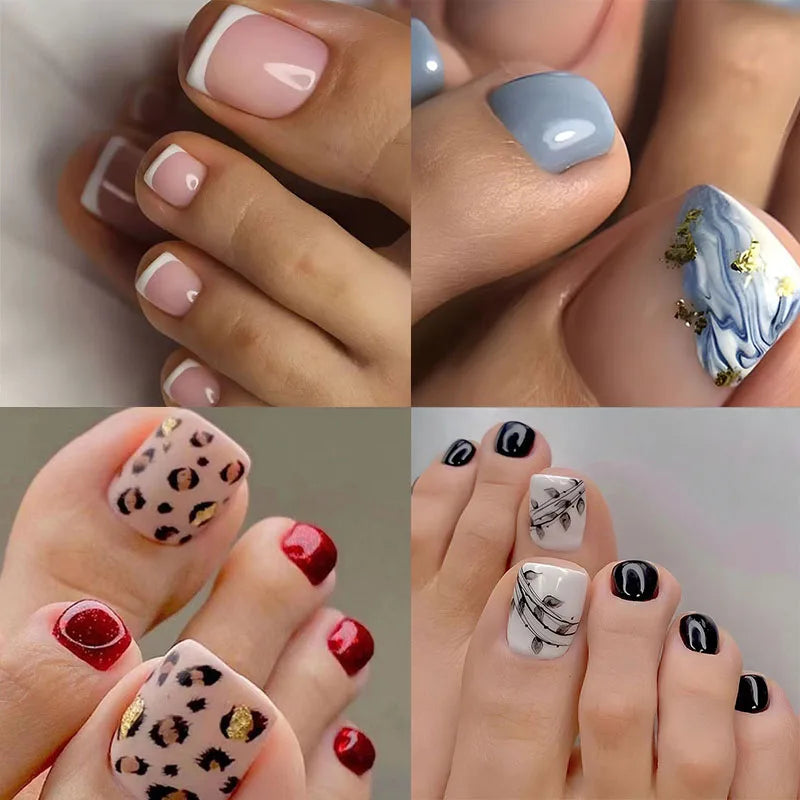 New 24 Pcs French Design Fake Toe False Nails