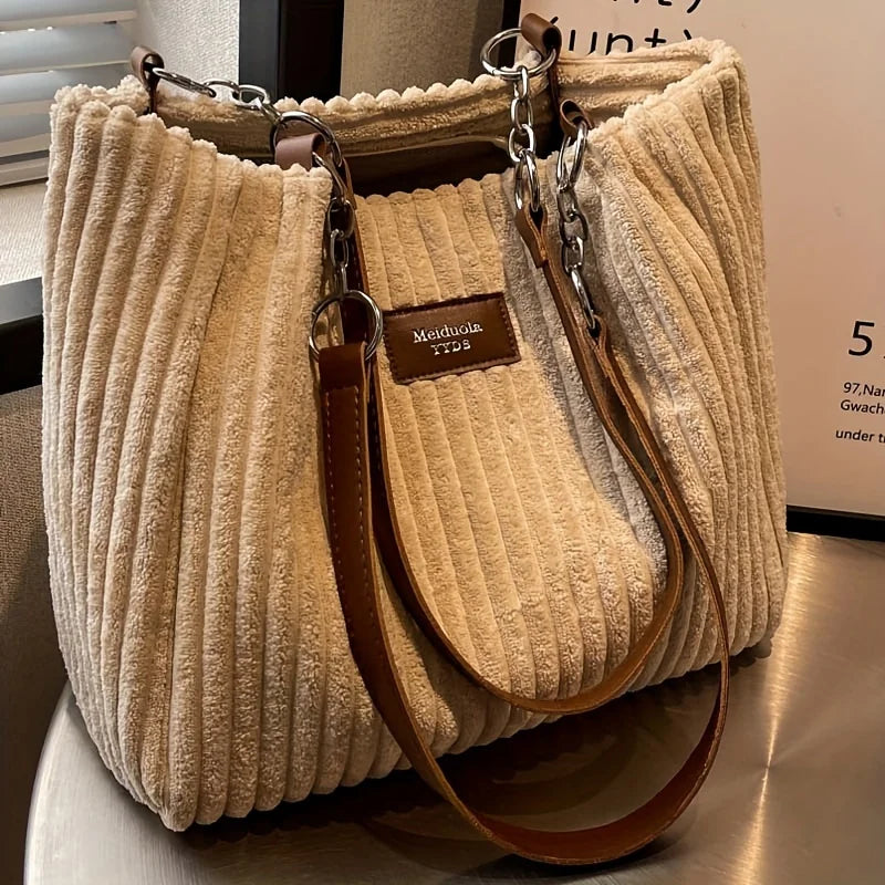 Stylish Corduroy Tote Bag for Women, Large Capacity Plush Shoulder Bag