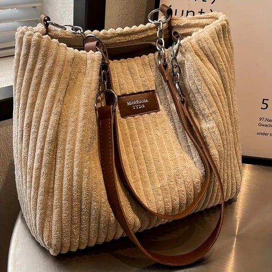 Stylish Corduroy Tote Bag for Women, Large Capacity Plush Shoulder Bag