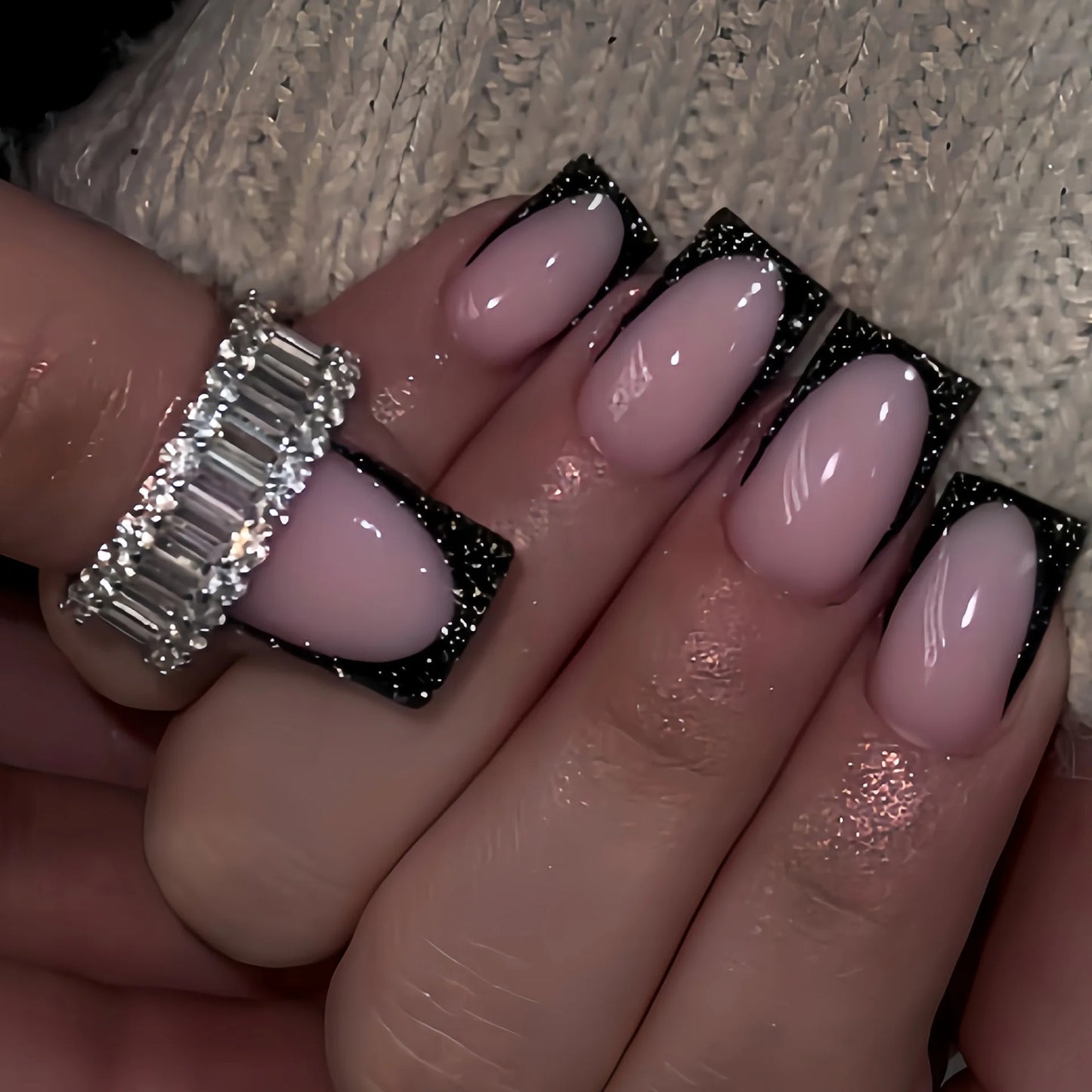 24pcs Press on Nails Short Almond Bowknot Black Press on Nails