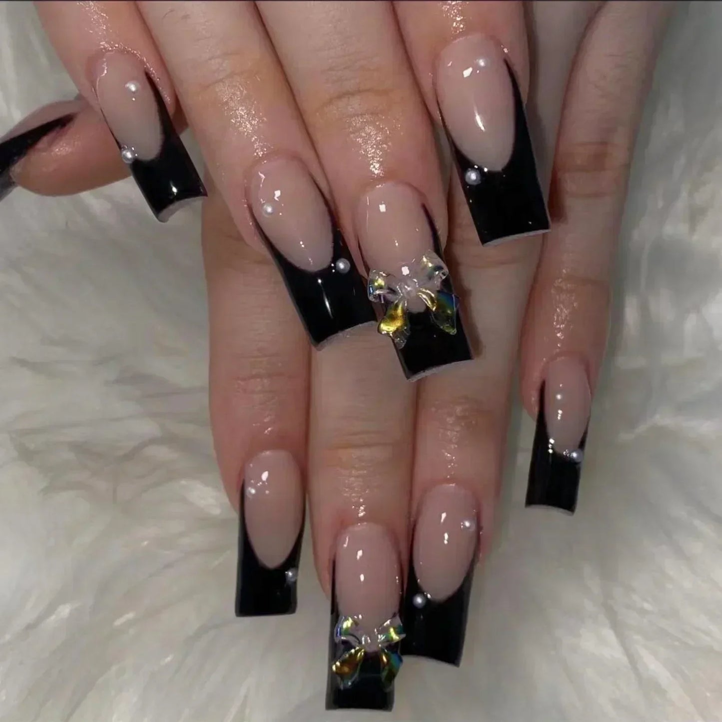24pcs Press on Nails Short Almond Bowknot Black Press on Nails