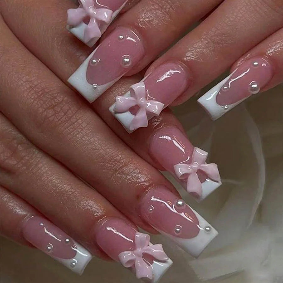 24Pcs Pink French Style Fake Nails 3D Bowknot