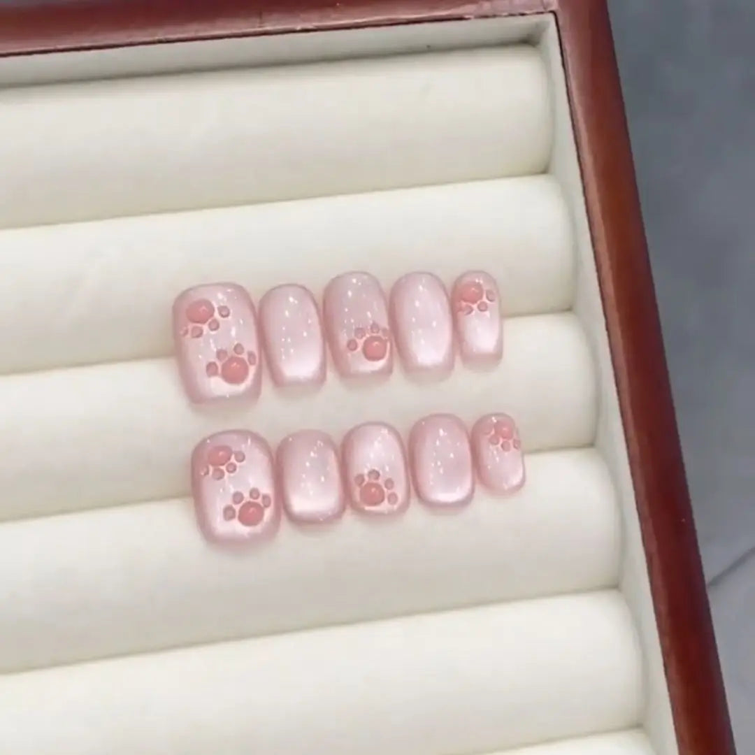 10pcs Cute Woman Press On Nails Handmade Pink Cat Claw Short False Artificial Nail Tips Decorated Korean Nails Press On