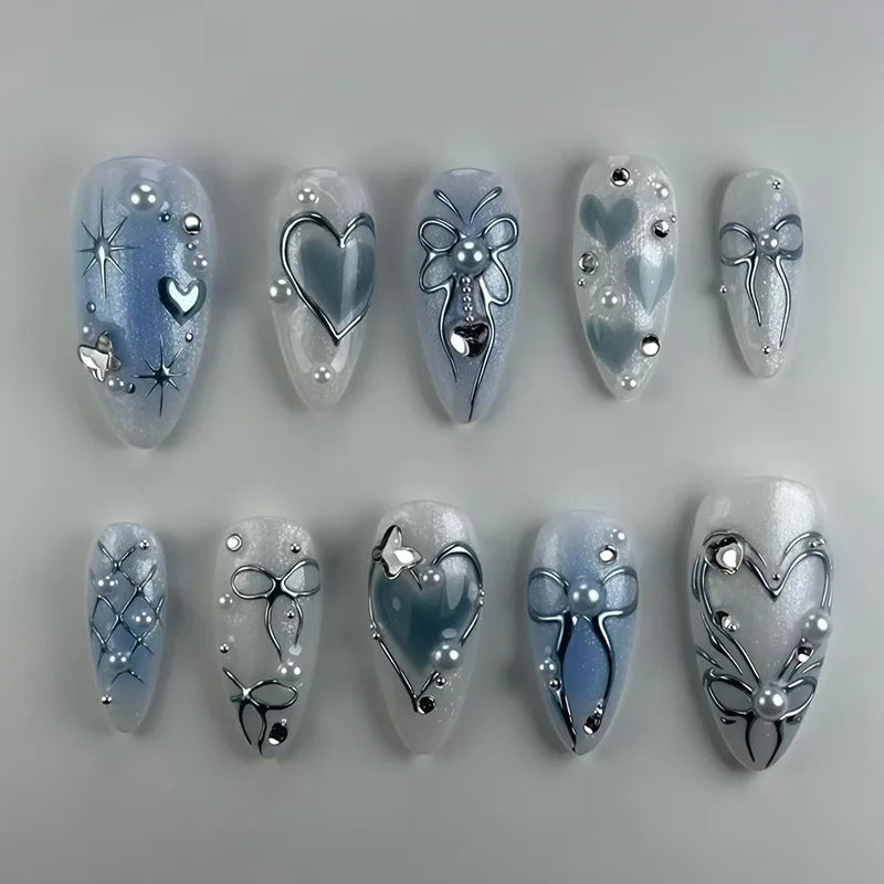 Blue Almond Press on Nails with 3D Pearl Design Mid-length Oval False Nails Tips Bow Pattern Wearable Fake Nail for Women
