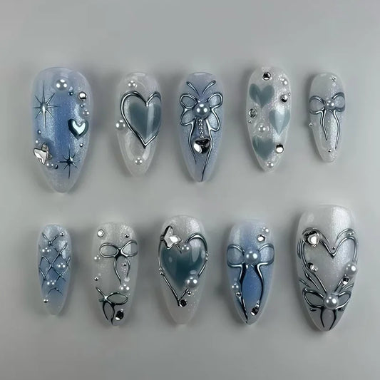 Blue Almond Press on Nails with 3D Pearl Design Mid-length Oval False Nails Tips Bow Pattern Wearable Fake Nail for Women