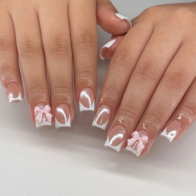 White French Press on Nails 3D Bowknot Fake Nails