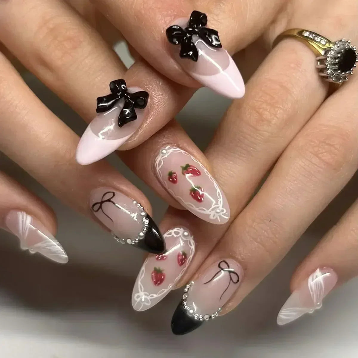 24pcs Press on Nails Short Almond Bowknot Black Press on Nails