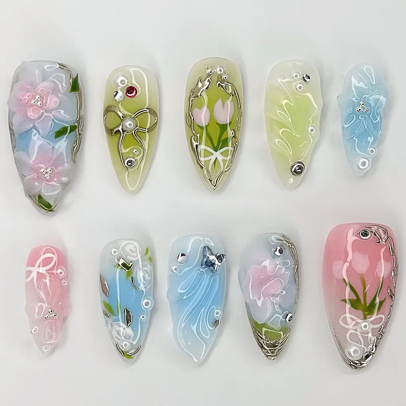 Gentle Nude Pink Press on Nails with 3D Flower