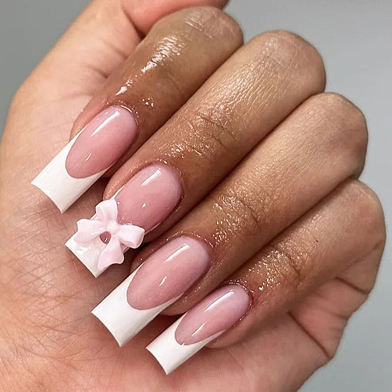 White French Press on Nails 3D Bowknot Fake Nails