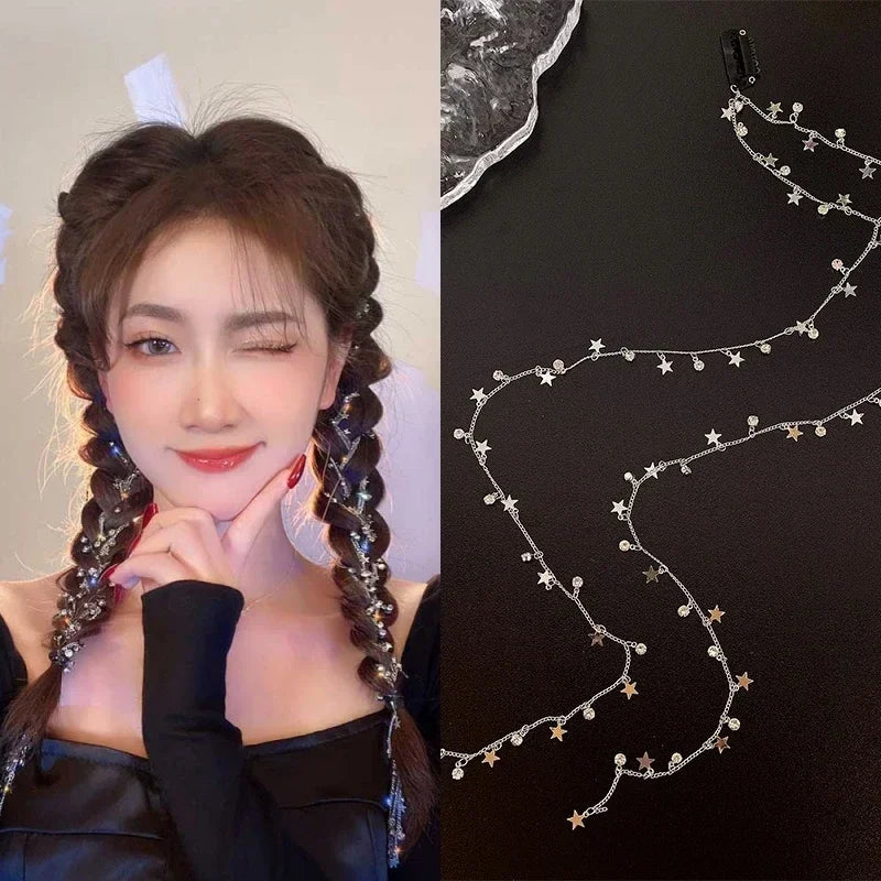 New Crystal Tassels Ponytail Hair Clips Ornaments Women Wedding Dreadlocks Hair Braid Silver Star Rhinestone Headdress