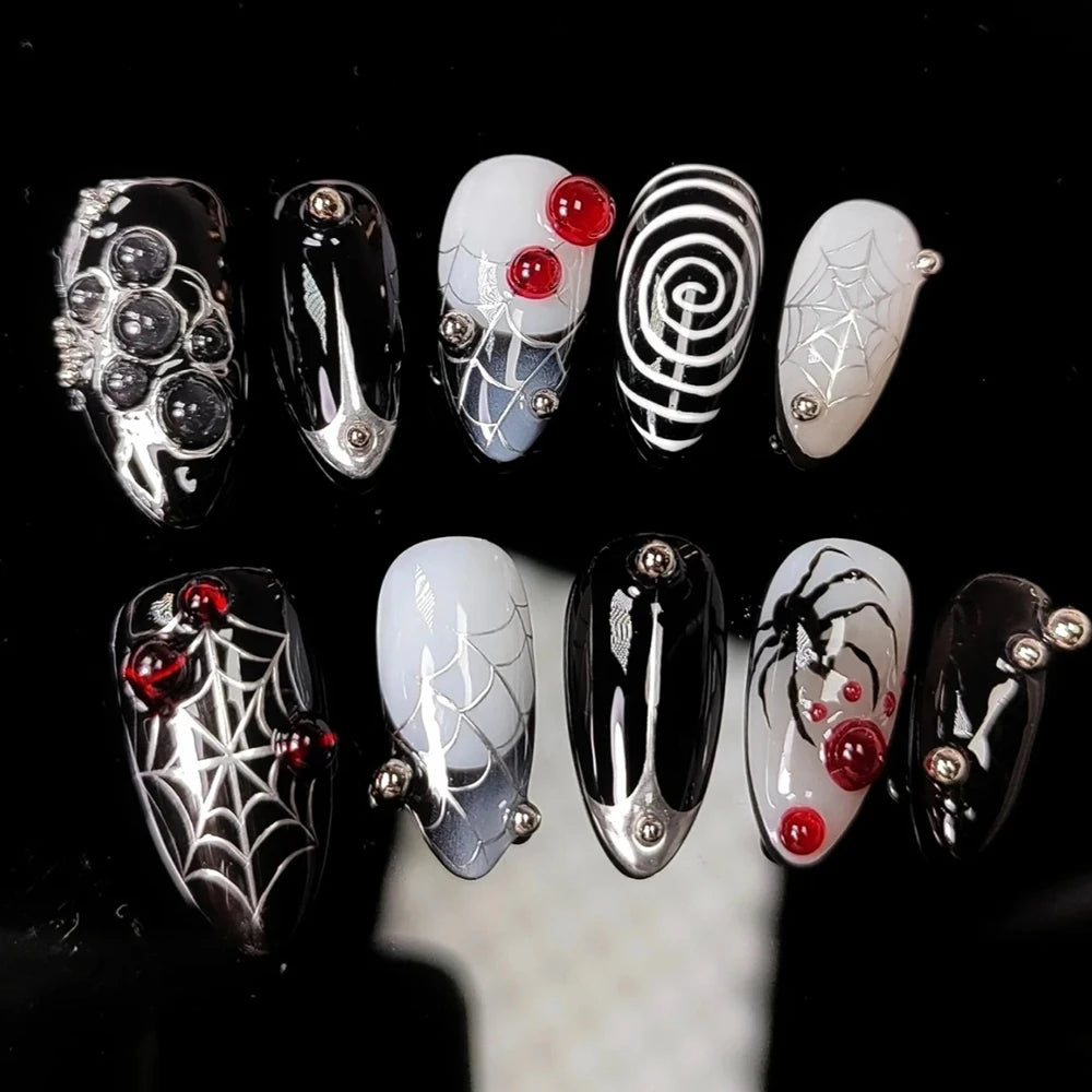30pcs/Box Spider Web False Nails French Tips Halloween Press on Nails Medium Almond  Women Holiday Decoration Full Cover Tips