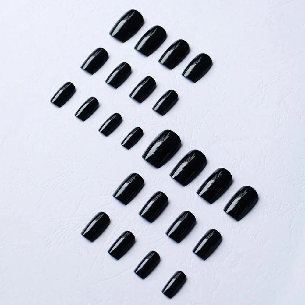 24pcs Black Square Press on Nails Medium Long Fake Nails, 12 Sizes Glossy Acrylic Nails Press on Square Nails Tips Fake Nail Set