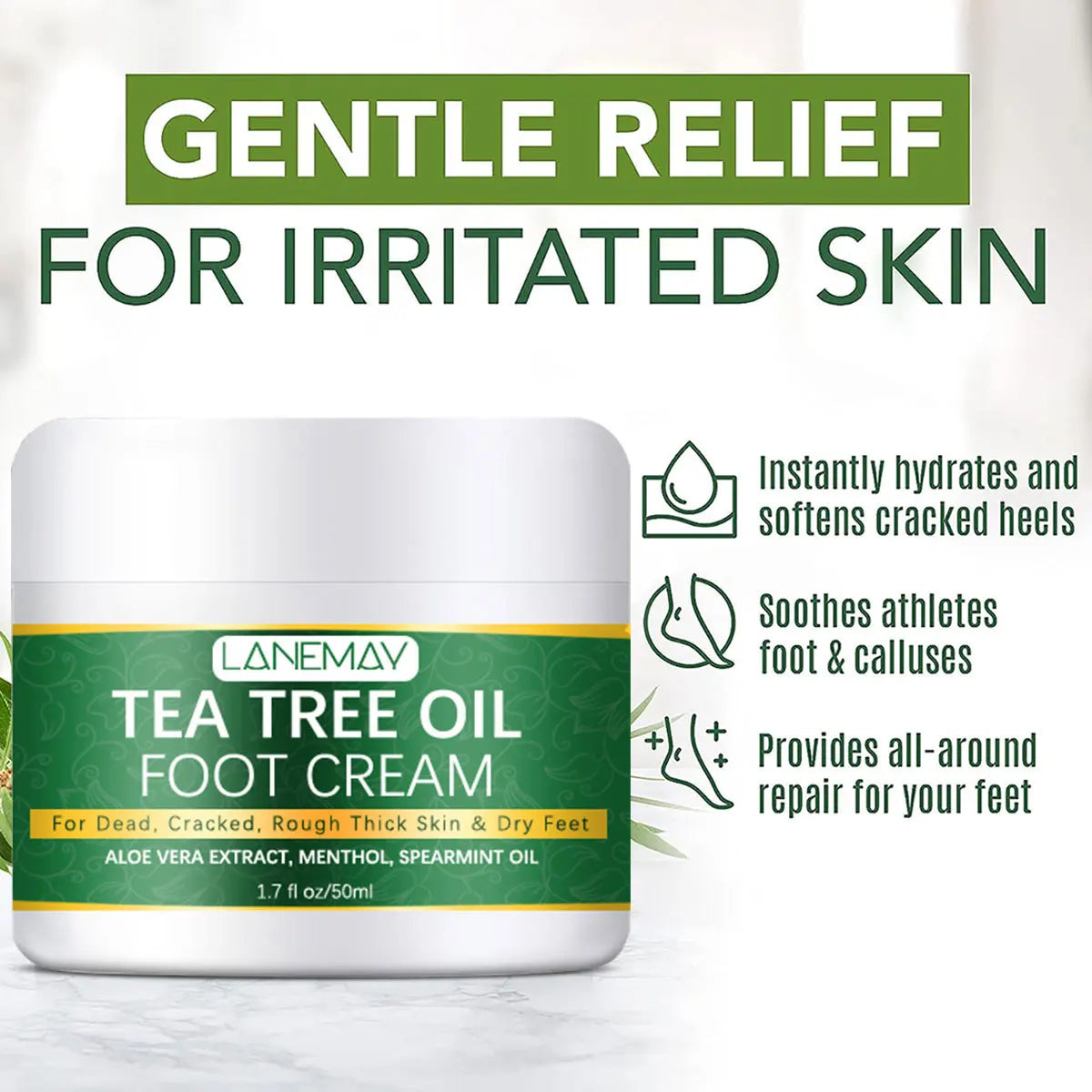 Foot moisturizer with aloe vera and tea tree oil to deeply nourish the skin