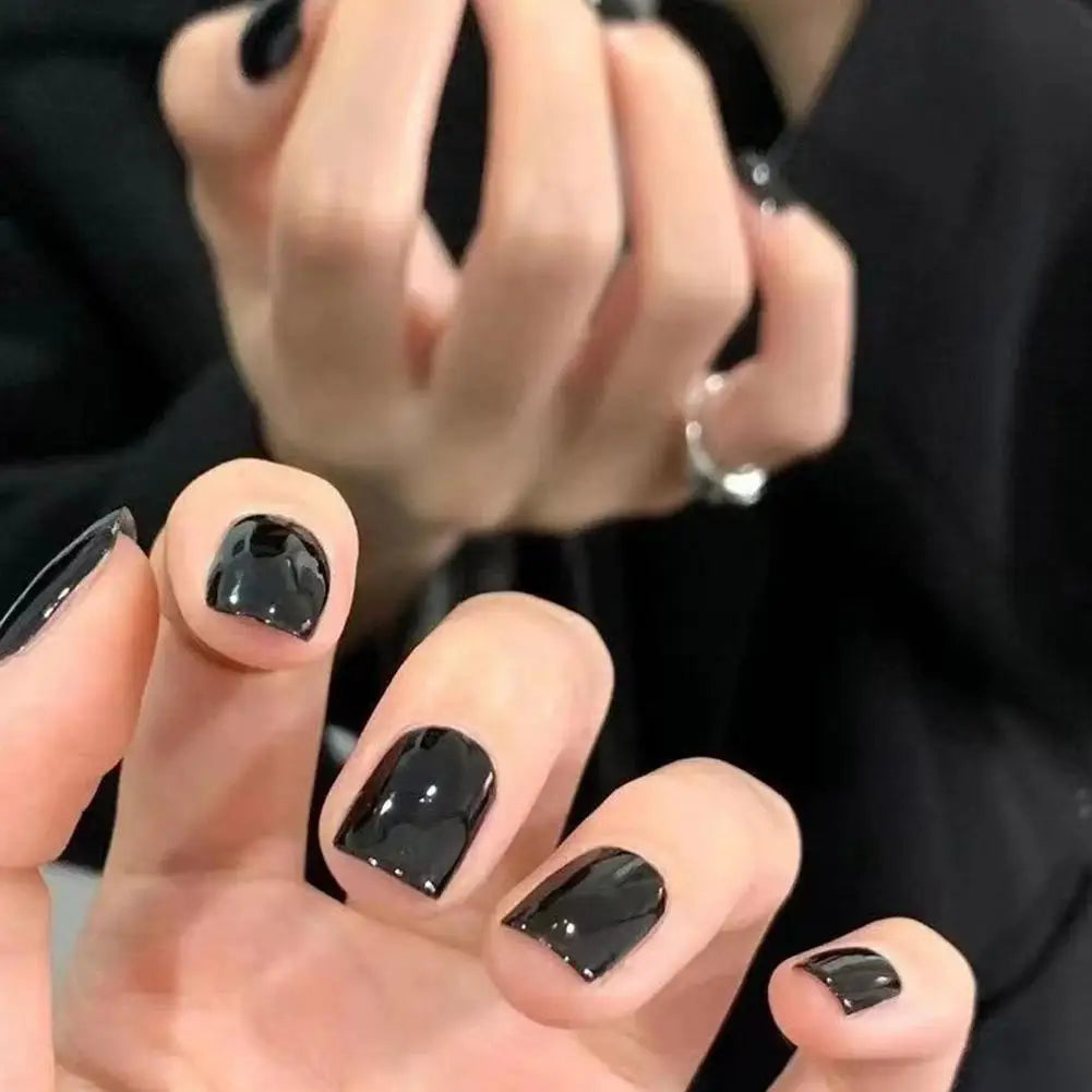 24pcs Black Square Press on Nails Medium Long Fake Nails, 12 Sizes Glossy Acrylic Nails Press on Square Nails Tips Fake Nail Set