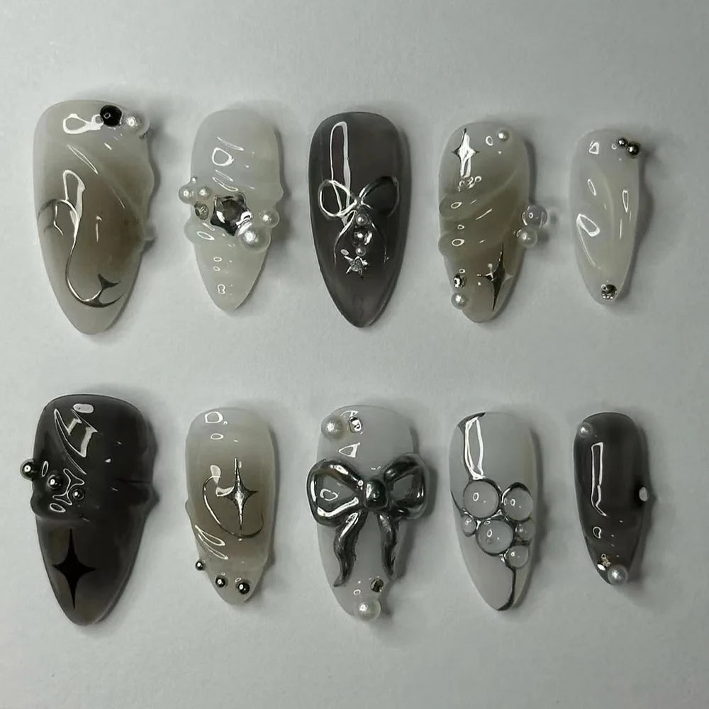 24Pcs Dark Press on Fake Nails with Black Glitter