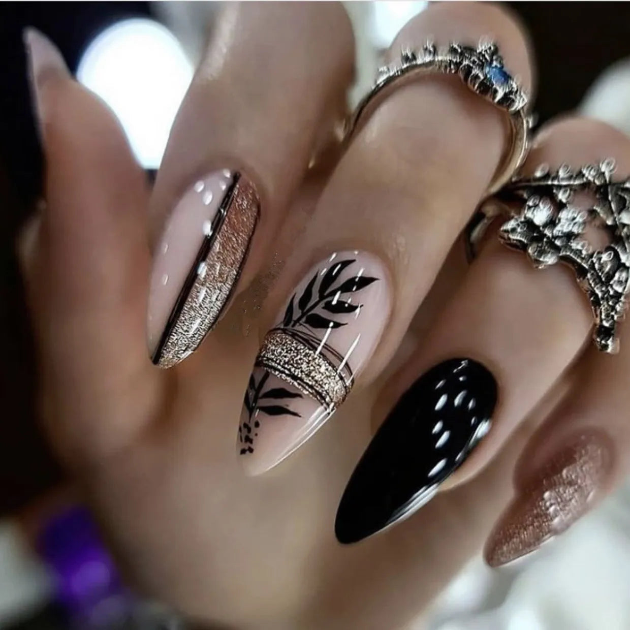 24Pcs Dark Press on Fake Nails with Black Glitter