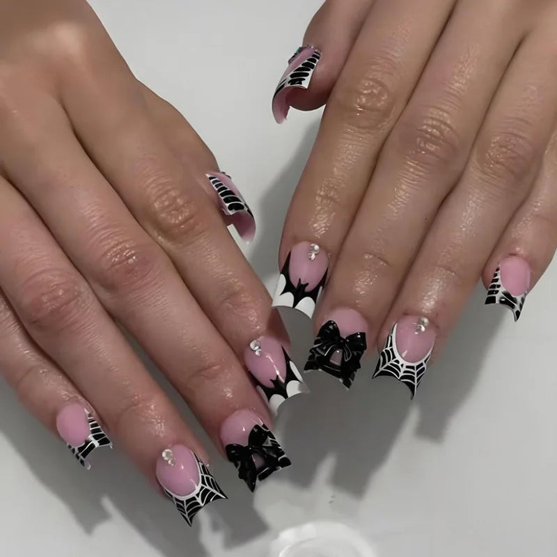 24Pcs Pink French Style Fake Nails 3D Bowknot