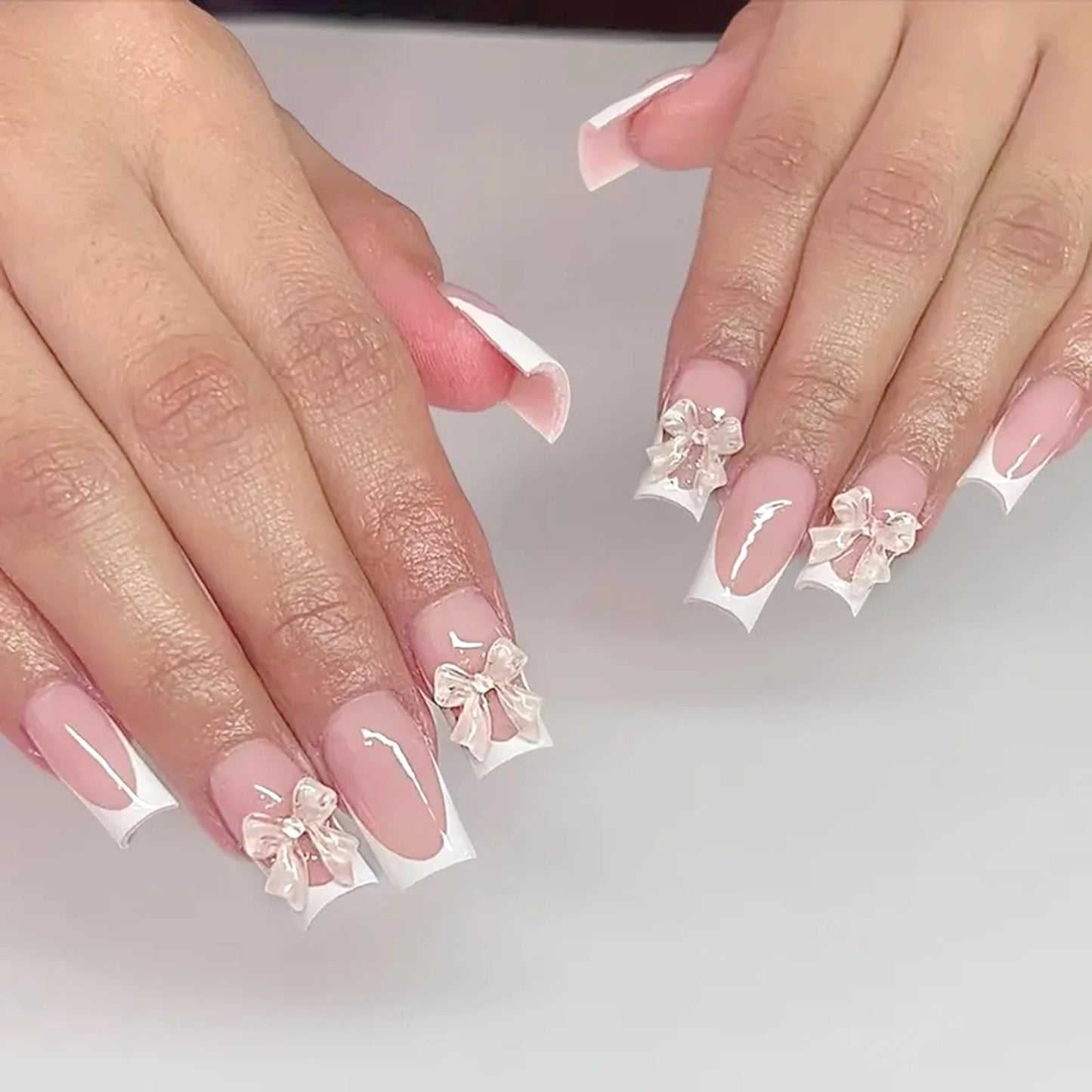 White French Press on Nails 3D Bowknot Fake Nails