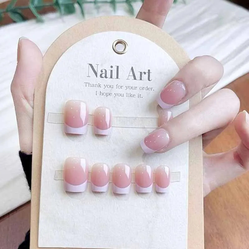 10pcs French White Fake Nails Light Pink Press on NailsFull Cover Short Square Ins Simple False Nails for Women and Girls Wear