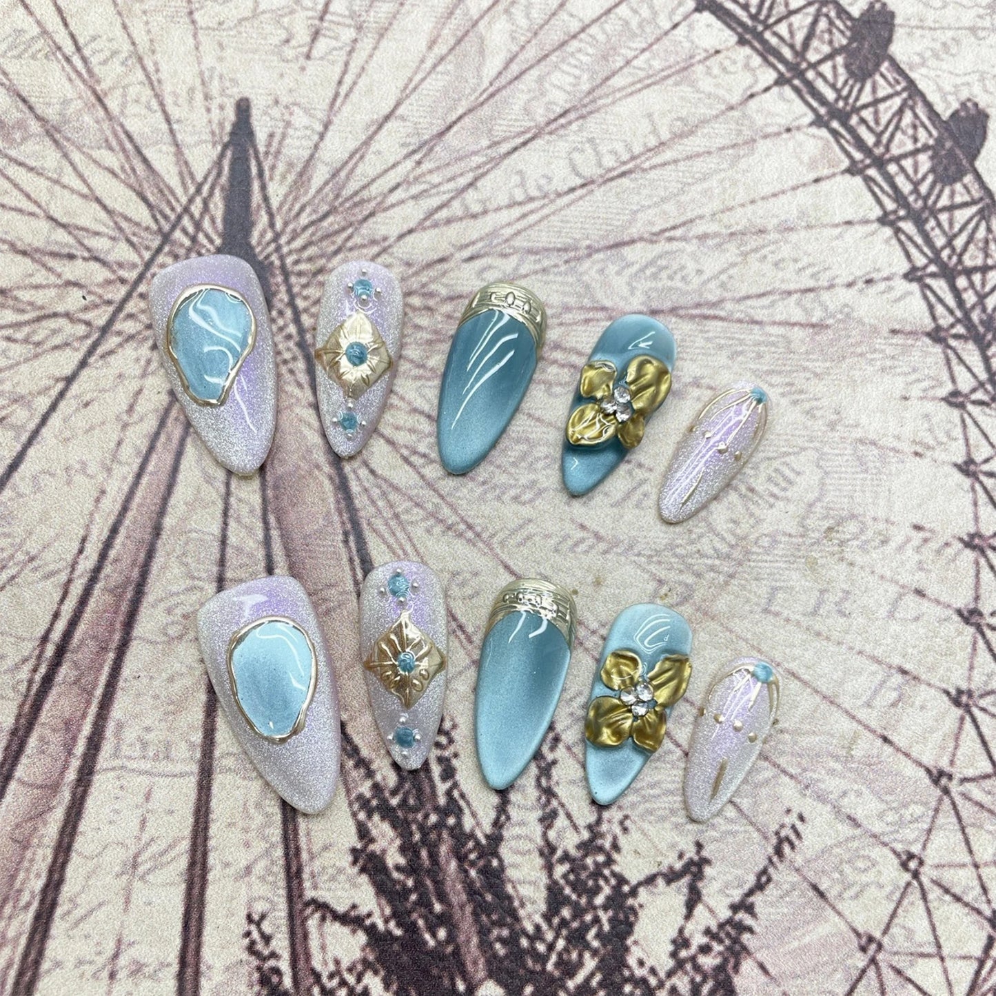 10PCS Handmade Almond Fake Nails With Carved 3D Floral Cat Eyes Pearl Brown Fake Nails Long Oval False Nail Wearable