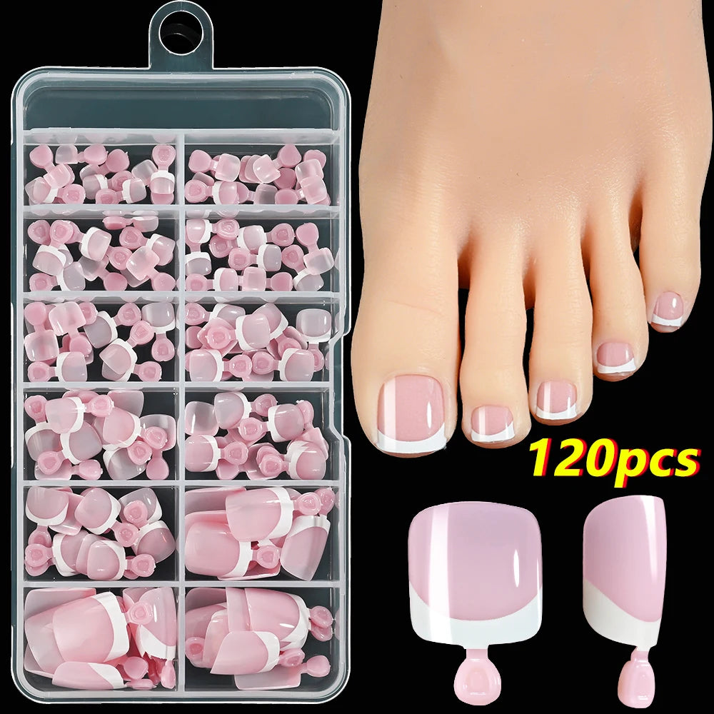120Pcs Pink French Short Square Fake Nails